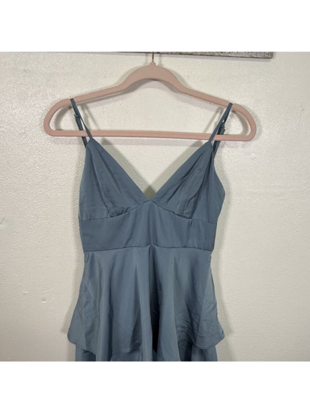 NWT Lulus Going with Elegance Slate Blue Satin Tiered Gown Bridesmaid Gala Small - Picture 9 of 14